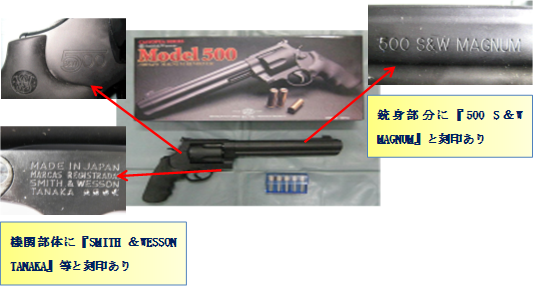 銃身部分に『500 S&W MAGNUM』と刻印あり。機関部体に『SMITH & WESSON TANAKA』等と刻印あり